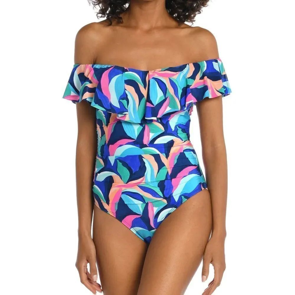 La Blanca Painted Leaves Off Shoulder Ruffle One Piece